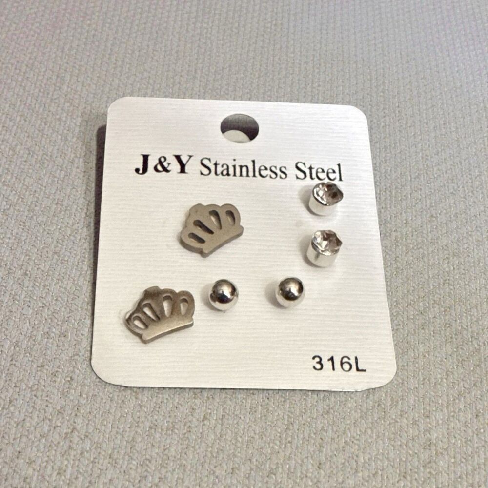 Stainless Steel Stud Earring Set  | Crown | 3 Pair | Hypoallergenic